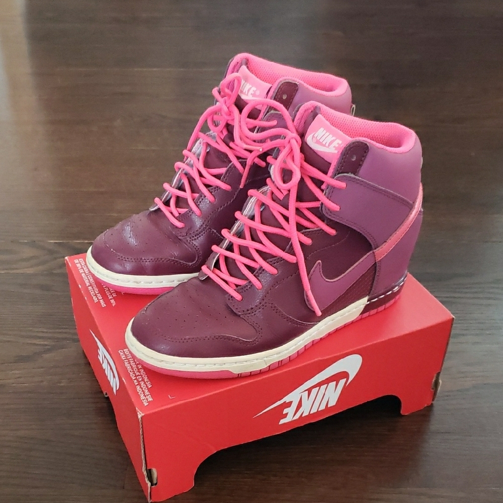 Nike Women's High-Top Dunk Sneakers - Pink and Maroon. Size 6.5